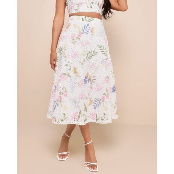 Lulus Sweet At Heart White Floral Embroidered Midi Skirt White Pastel Flowers XL - Picture 1 of 15